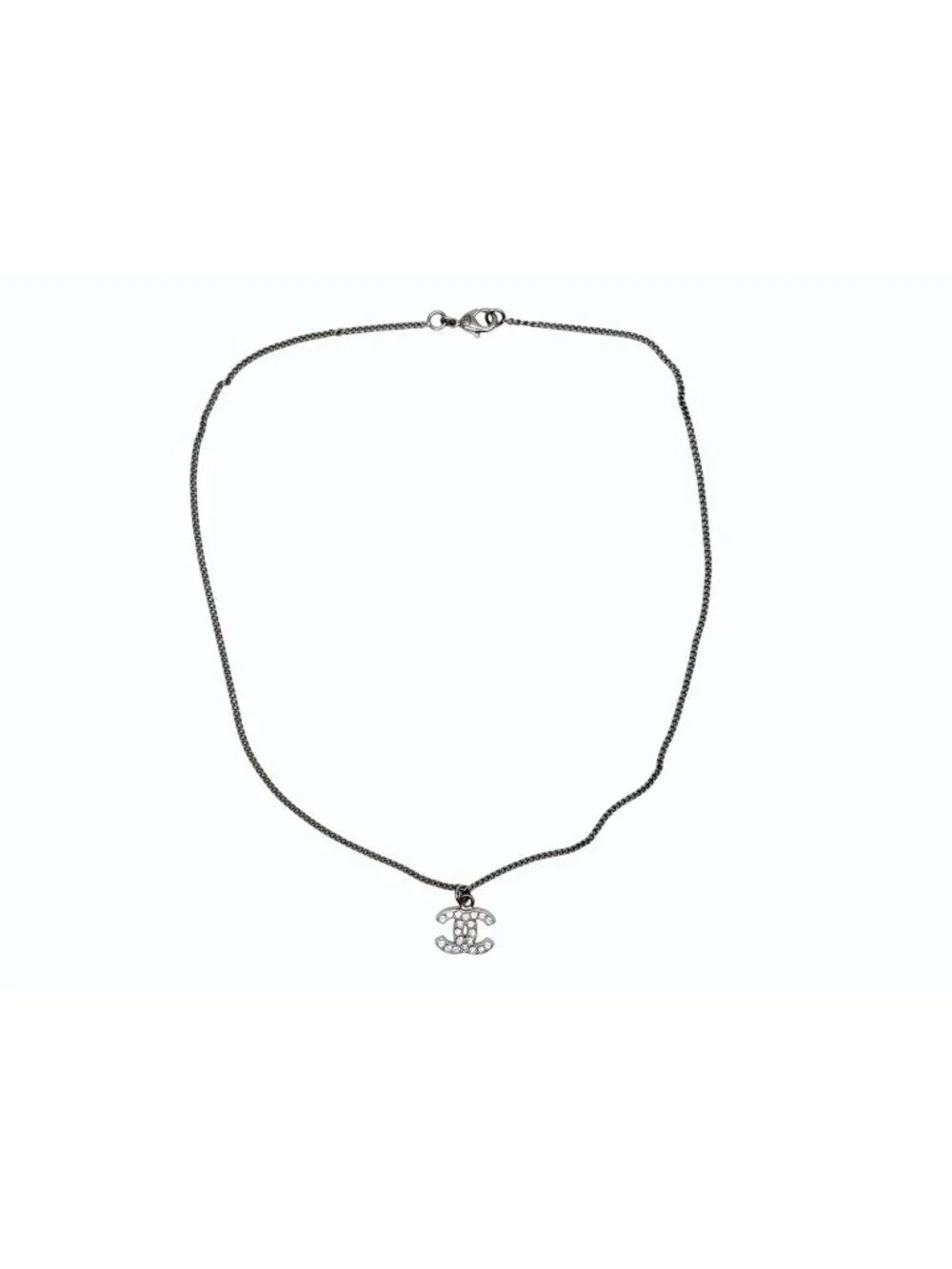 Chanel CC Logo Necklace 11 44 Rhinestone Metal Clear Silver